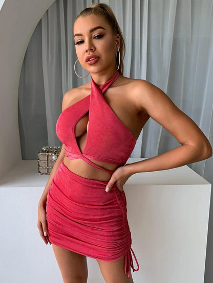 Halter Neck Cropped Top and Drawstring Ruched Skirt Set