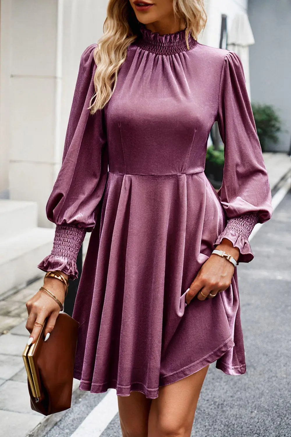 Mock Neck Lantern Sleeve Mini Dress