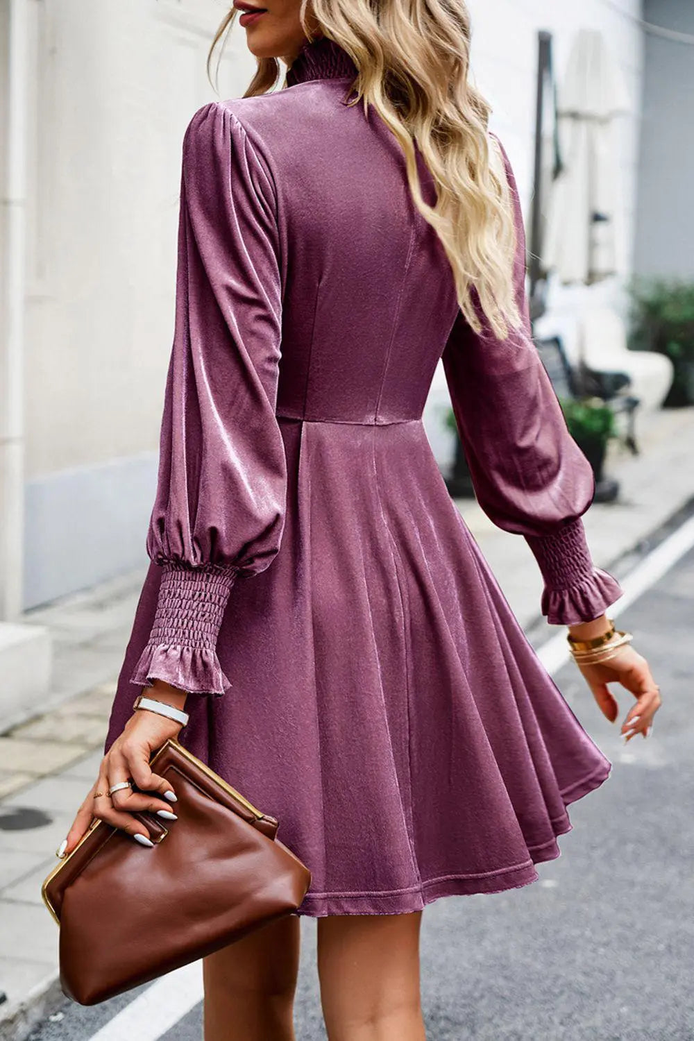 Mock Neck Lantern Sleeve Mini Dress