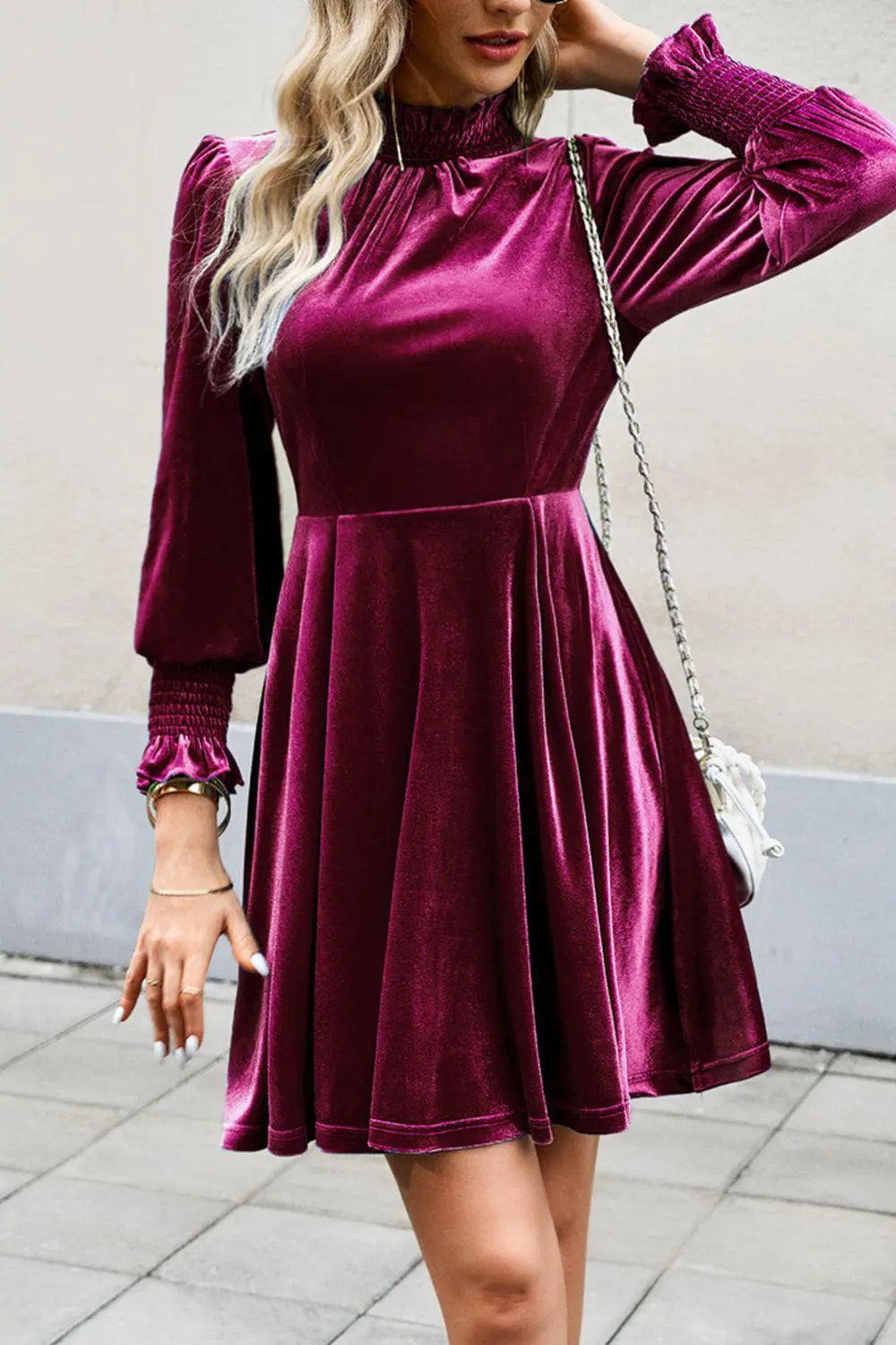Mock Neck Lantern Sleeve Mini Dress
