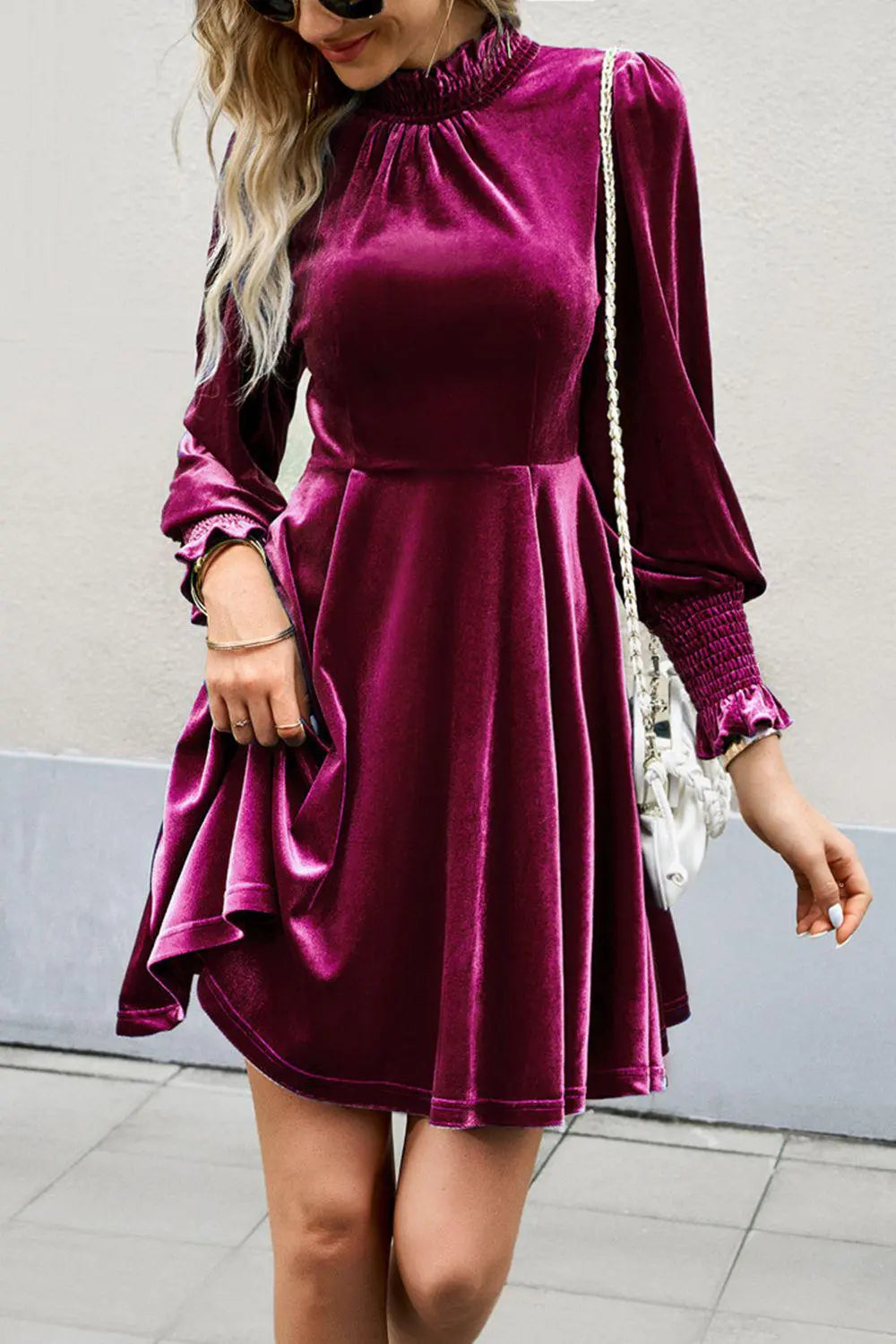 Mock Neck Lantern Sleeve Mini Dress