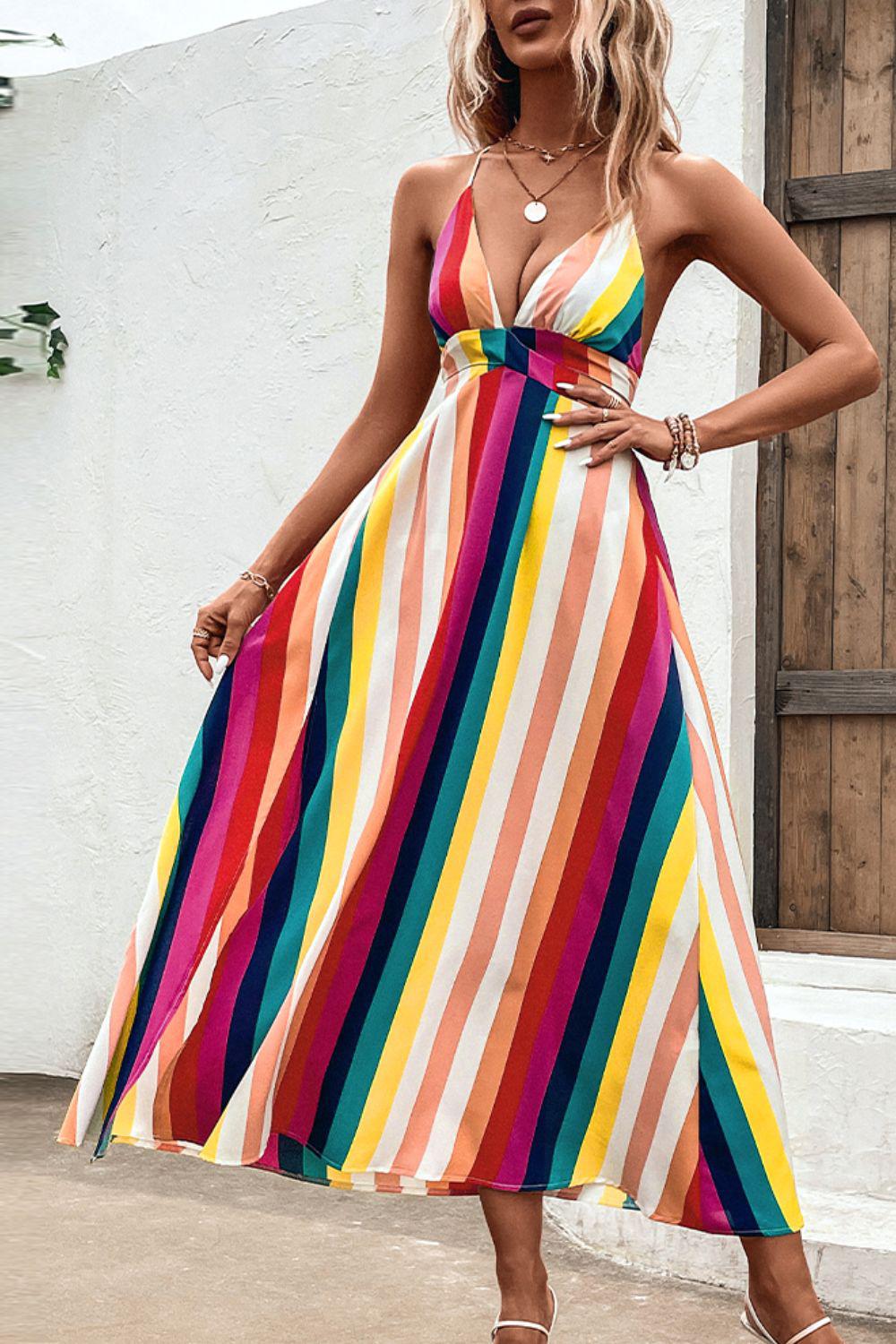 Bohemian Multicolored Stripe Crisscross Backless Dress