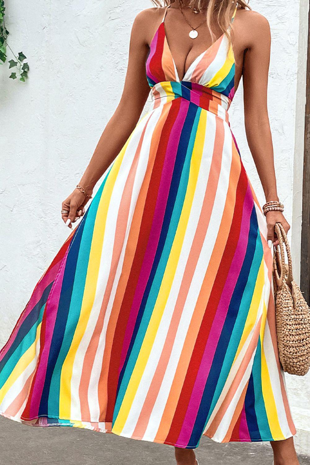Bohemian Multicolored Stripe Crisscross Backless Dress