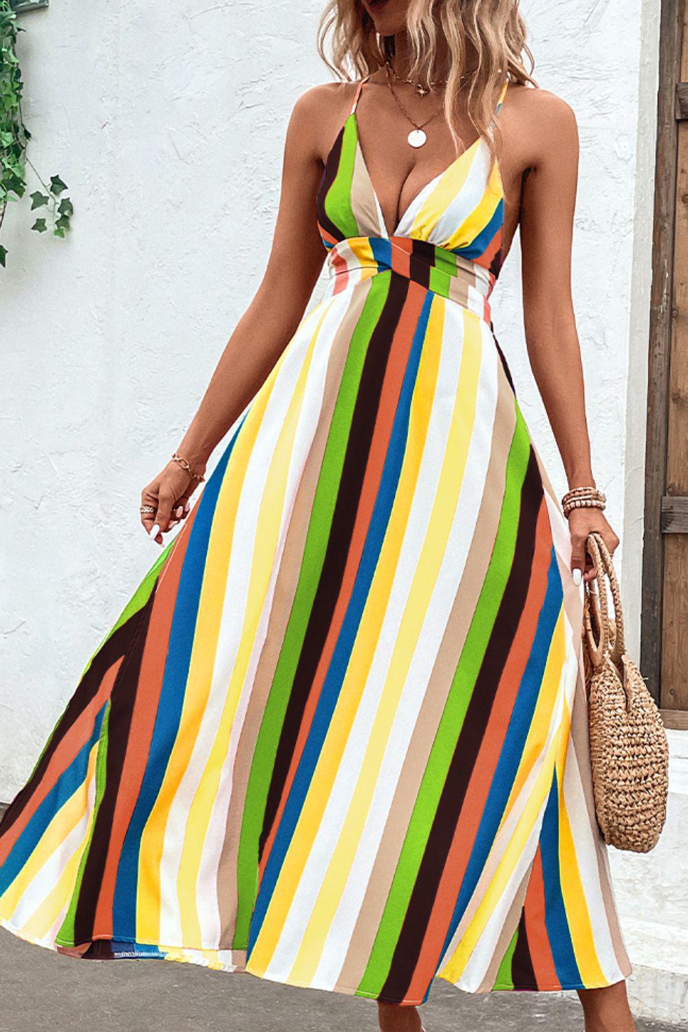Bohemian Multicolored Stripe Crisscross Backless Dress
