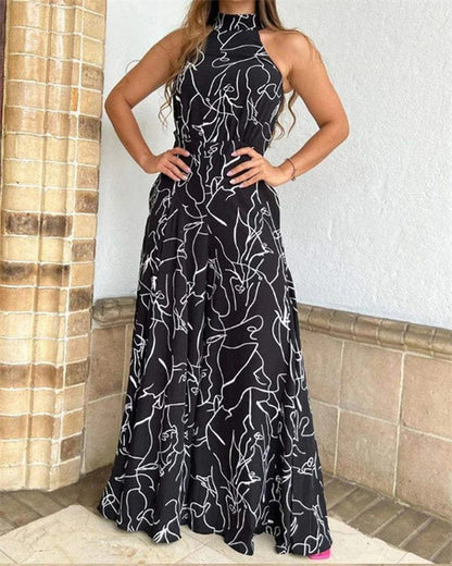 Clidress Halter Neck Print Wide Leg Jumpsuit