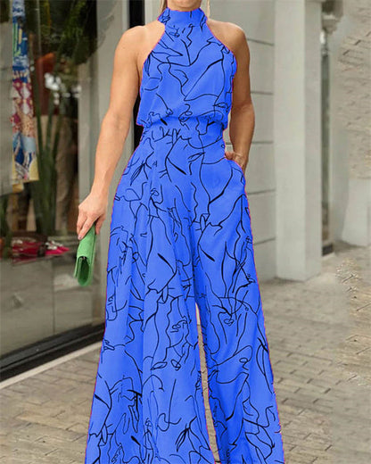 Clidress Halter Neck Print Wide Leg Jumpsuit