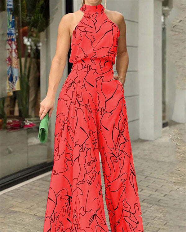 Clidress Halter Neck Print Wide Leg Jumpsuit