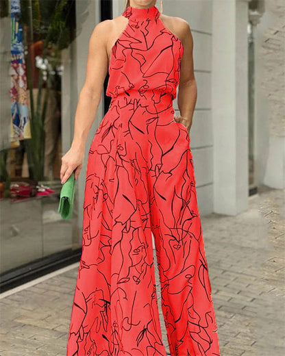 Clidress Halter Neck Print Wide Leg Jumpsuit