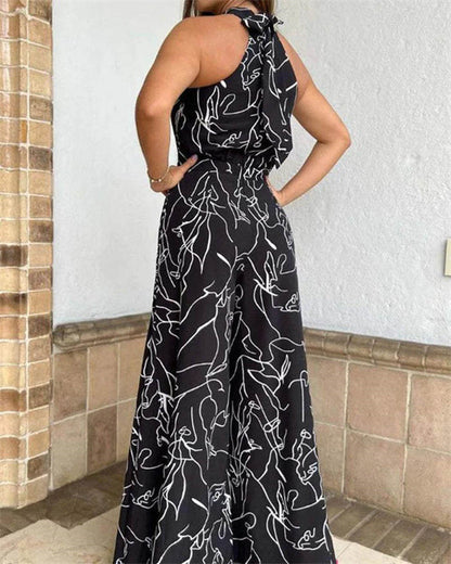Clidress Halter Neck Print Wide Leg Jumpsuit