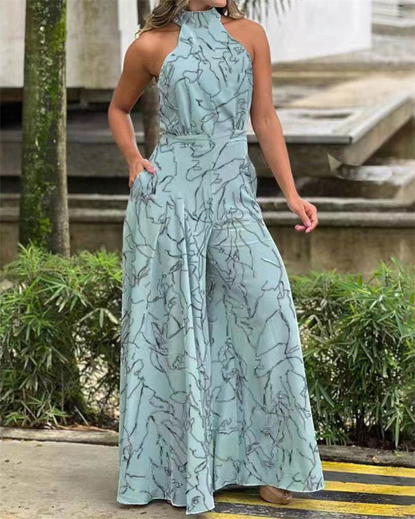 Clidress Halter Neck Print Wide Leg Jumpsuit
