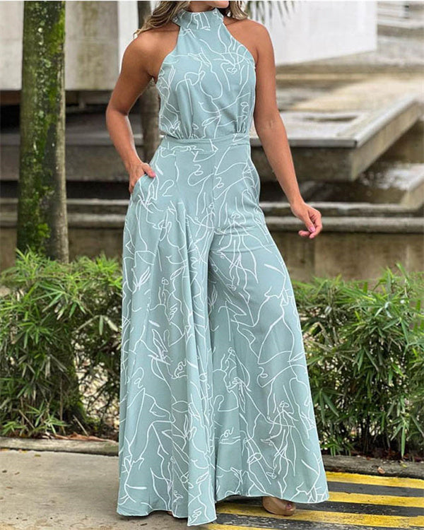 Clidress Halter Neck Print Wide Leg Jumpsuit