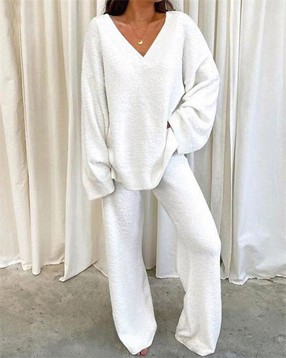 Clidress Solid V Neck Warm Soft 2 Pieces Set