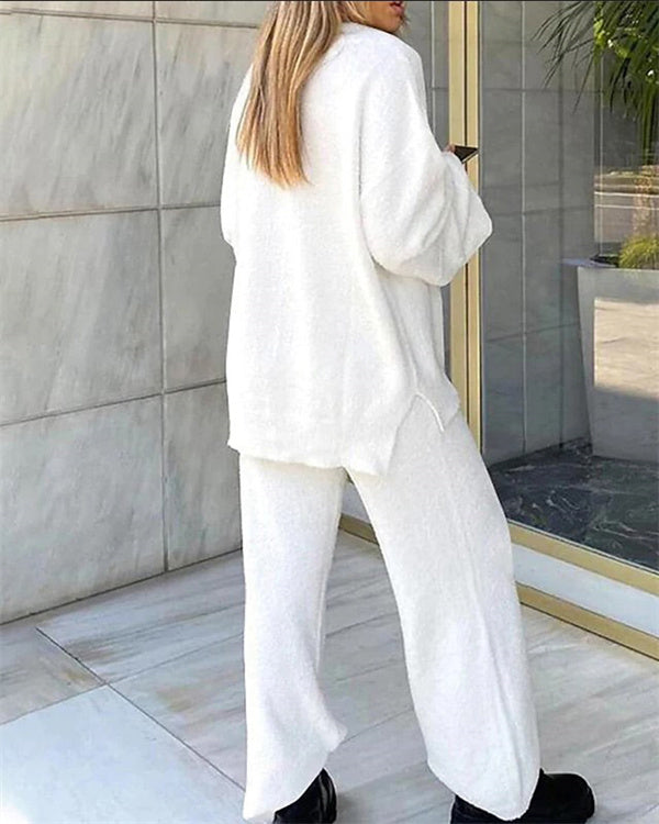 Clidress Solid V Neck Warm Soft 2 Pieces Set