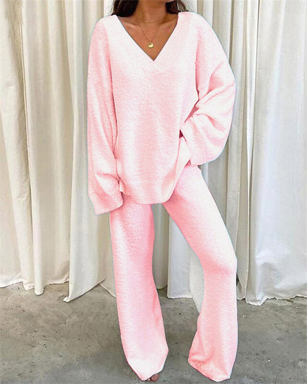 Clidress Solid V Neck Warm Soft 2 Pieces Set