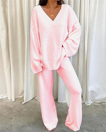 Clidress Solid V Neck Warm Soft 2 Pieces Set