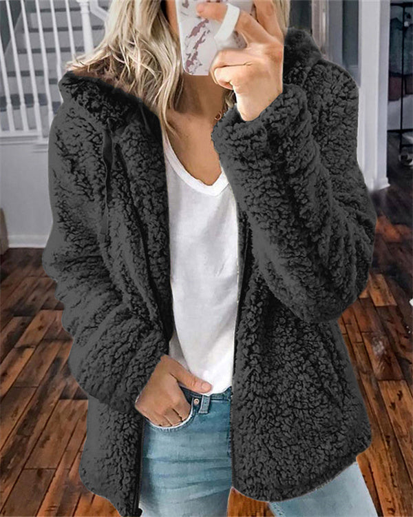 Clidress Lapel Zipper Soft Velvet Jacket Coat