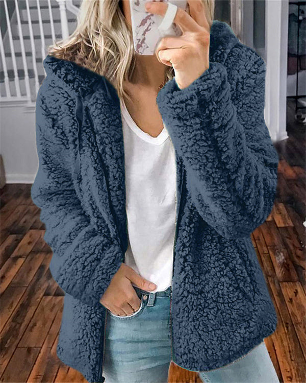 Clidress Lapel Zipper Soft Velvet Jacket Coat