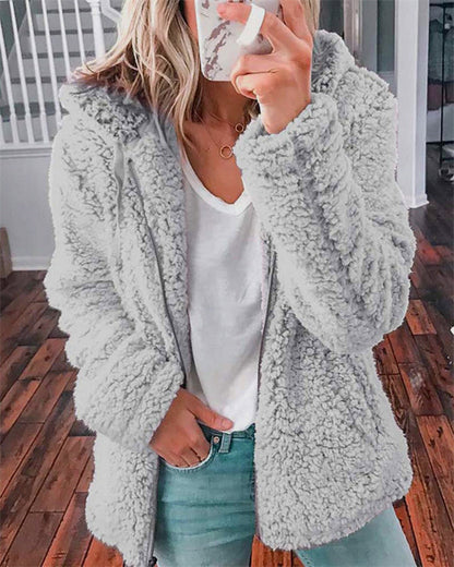 Clidress Lapel Zipper Soft Velvet Jacket Coat