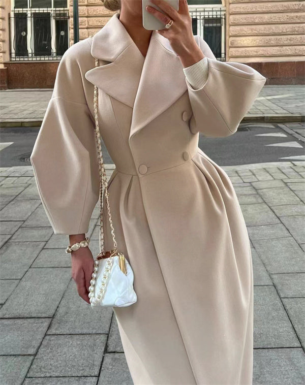 Clidress Vintage Lantern Sleeve Lapel Woolen Coat