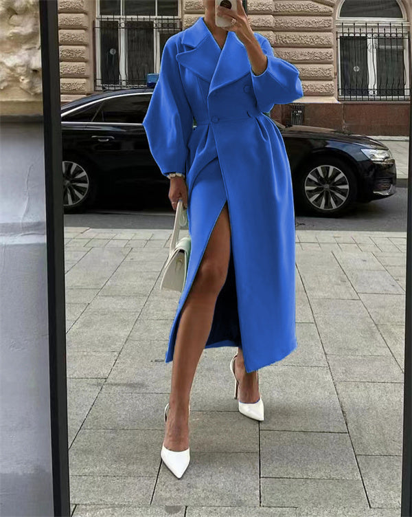 Clidress Vintage Lantern Sleeve Lapel Woolen Coat
