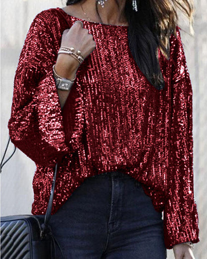 Clidress Fashion O Neck Sequin T-shirt Top