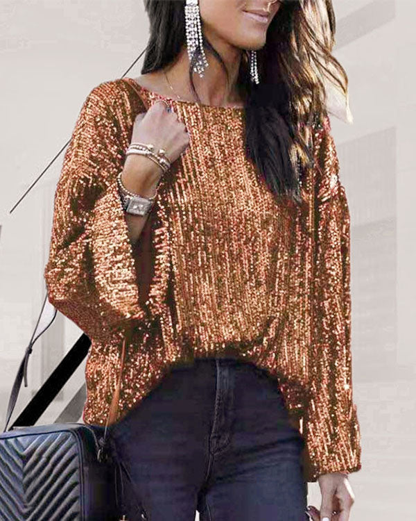 Clidress Fashion O Neck Sequin T-shirt Top