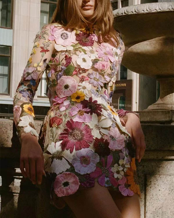 Clidress 3D Flower Long Sleeve Lining Mini Dress