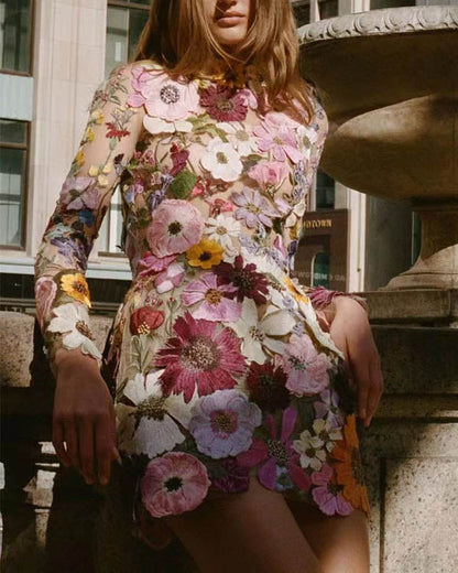 Clidress 3D Flower Long Sleeve Lining Mini Dress