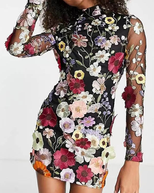 Clidress 3D Flower Long Sleeve Lining Mini Dress