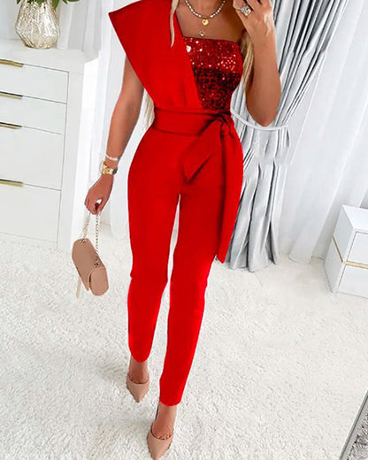Clidress Chic Off Shoulder Sequin Jumpsuit