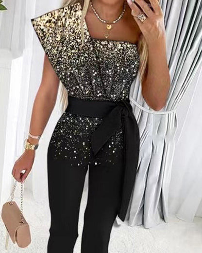 Clidress Chic Off Shoulder Sequin Jumpsuit