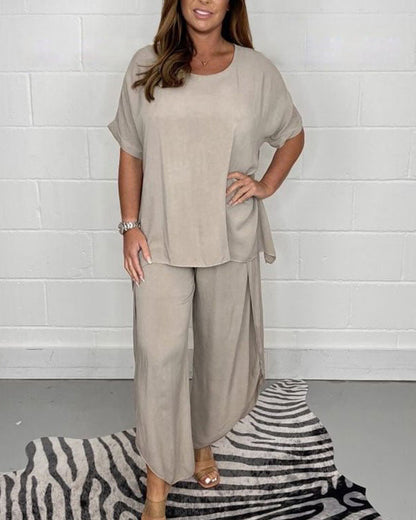 Clidress Solid O Neck T-shirt &  Pants Set
