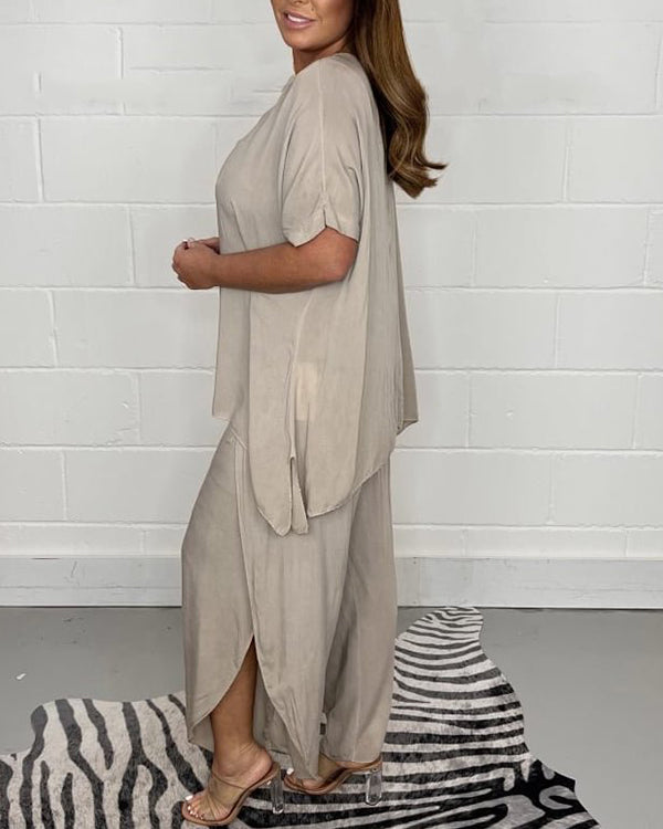 Clidress Solid O Neck T-shirt &  Pants Set