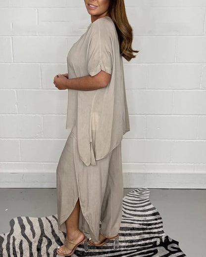Clidress Solid O Neck T-shirt &  Pants Set