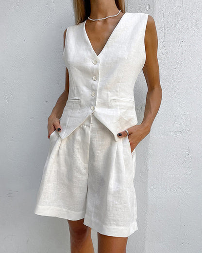 Clidress V Neck Buttons Vest & Shorts Set