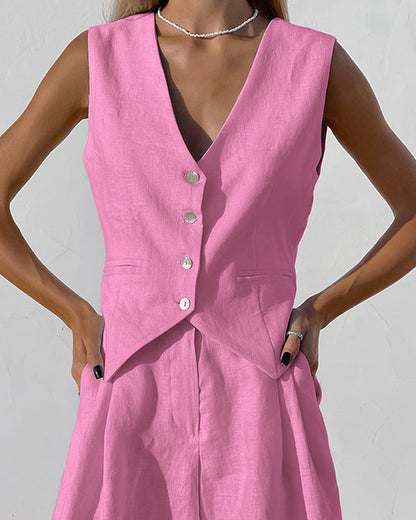 Clidress V Neck Buttons Vest & Shorts Set