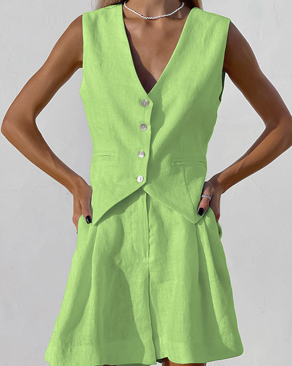 Clidress V Neck Buttons Vest & Shorts Set