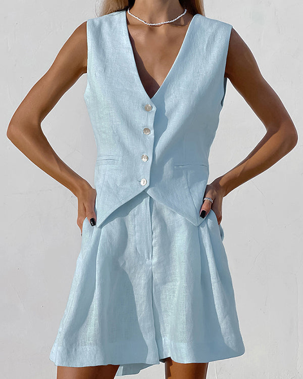 Clidress V Neck Buttons Vest & Shorts Set
