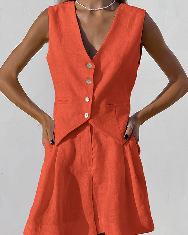 Clidress V Neck Buttons Vest & Shorts Set