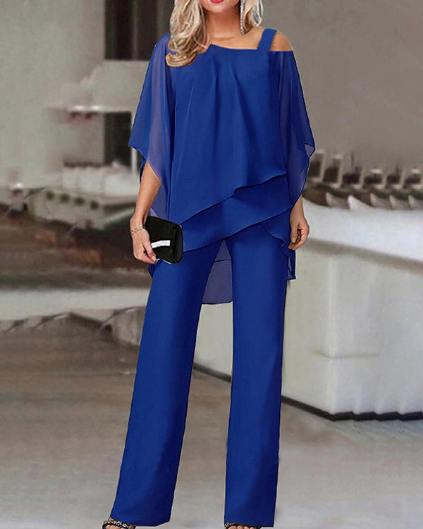 Clidress Bat Sleeve Chiffon Top & Pants Set