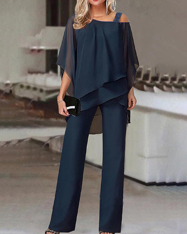 Clidress Bat Sleeve Chiffon Top & Pants Set
