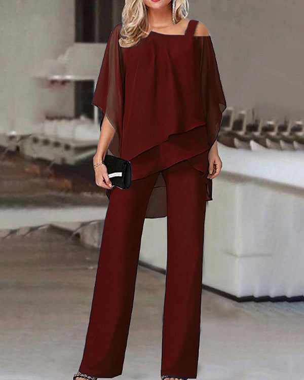 Clidress Bat Sleeve Chiffon Top & Pants Set