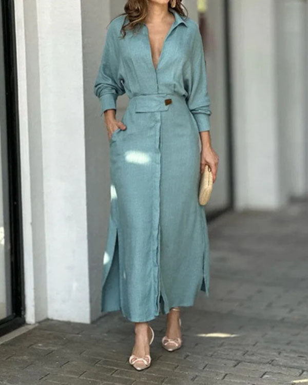 Clidress Lapel Waist Belt Long Shirt Dress