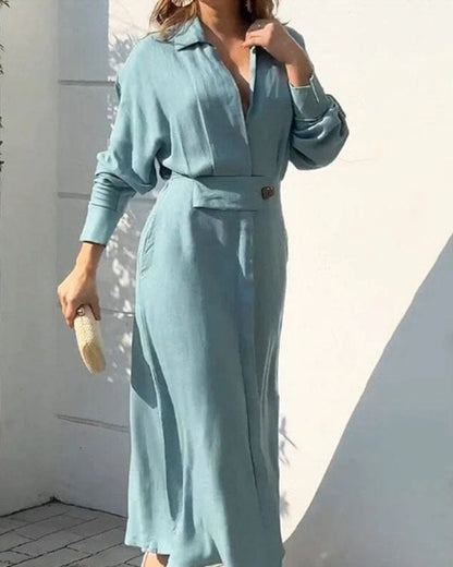 Clidress Lapel Waist Belt Long Shirt Dress
