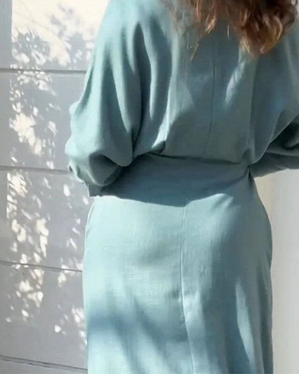 Clidress Lapel Waist Belt Long Shirt Dress