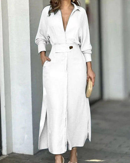 Clidress Lapel Waist Belt Long Shirt Dress