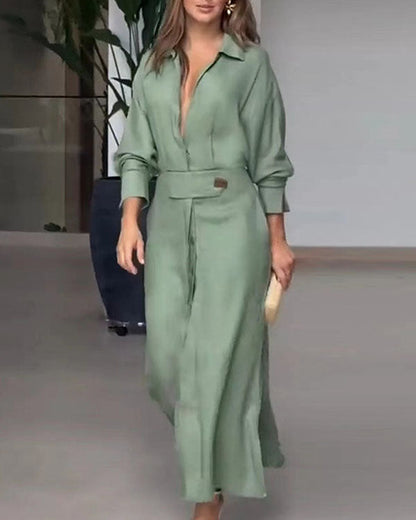 Clidress Lapel Waist Belt Long Shirt Dress
