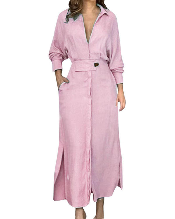Clidress Lapel Waist Belt Long Shirt Dress
