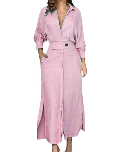 Clidress Lapel Waist Belt Long Shirt Dress