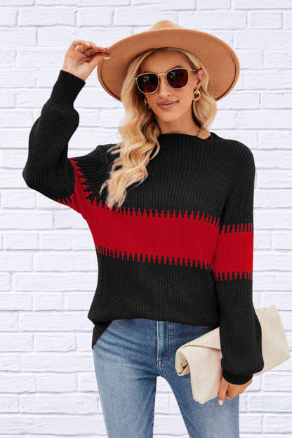Contrast pink and Teal Round Neck Sweater Deep Red